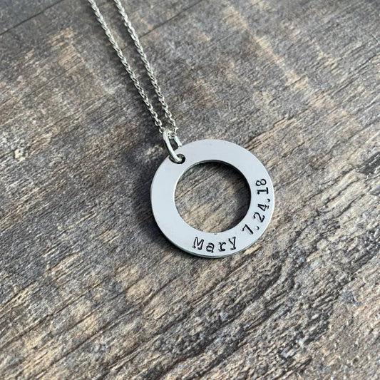 Custom Hand Stamped Silver or Gold Washer Necklace