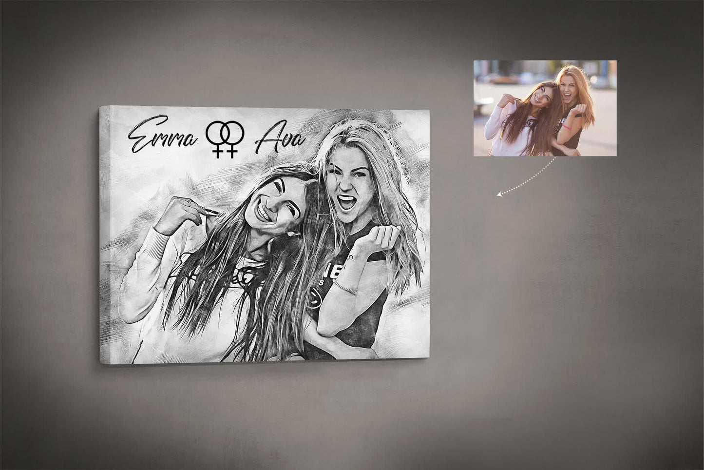 Pencil Sketch for Best Friends, Sisters, Girlfriend, Personalized Gift, Custom Canvas