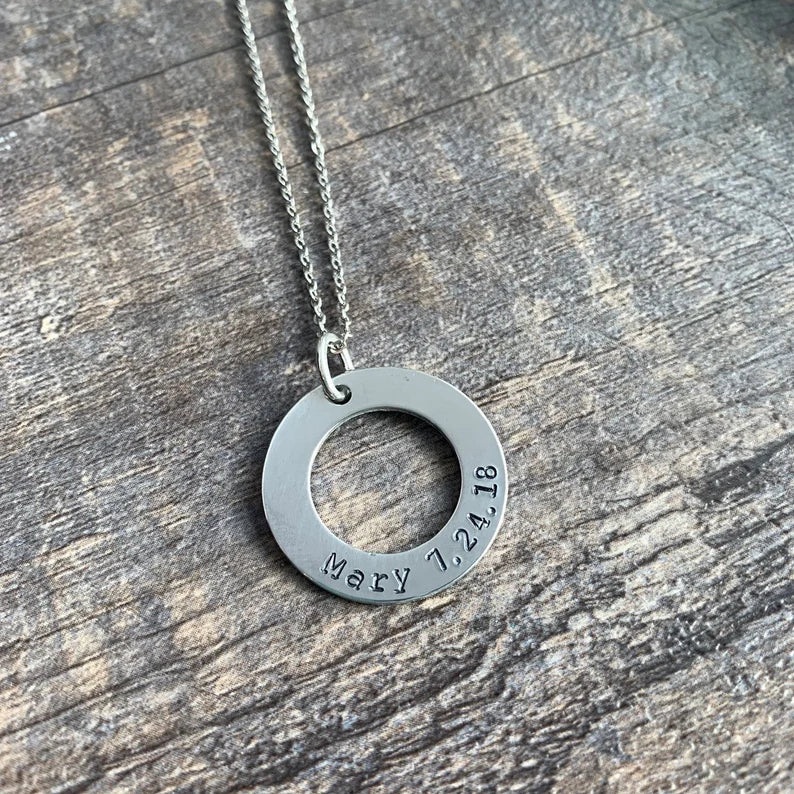 Custom Hand Stamped Silver or Gold Washer Necklace