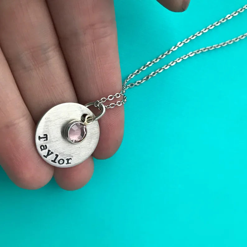 Customizable Silver Disc Necklace With Birthstone