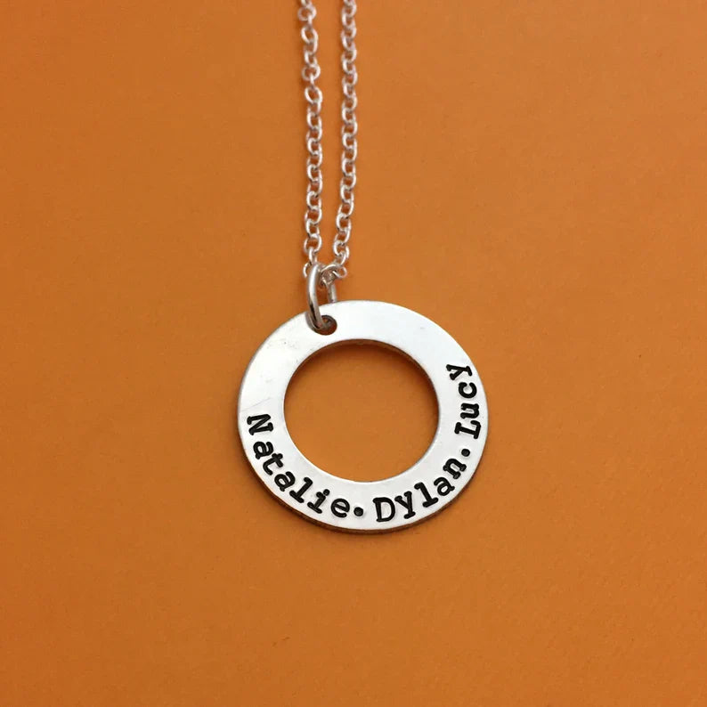 Custom Hand Stamped Silver or Gold Washer Necklace