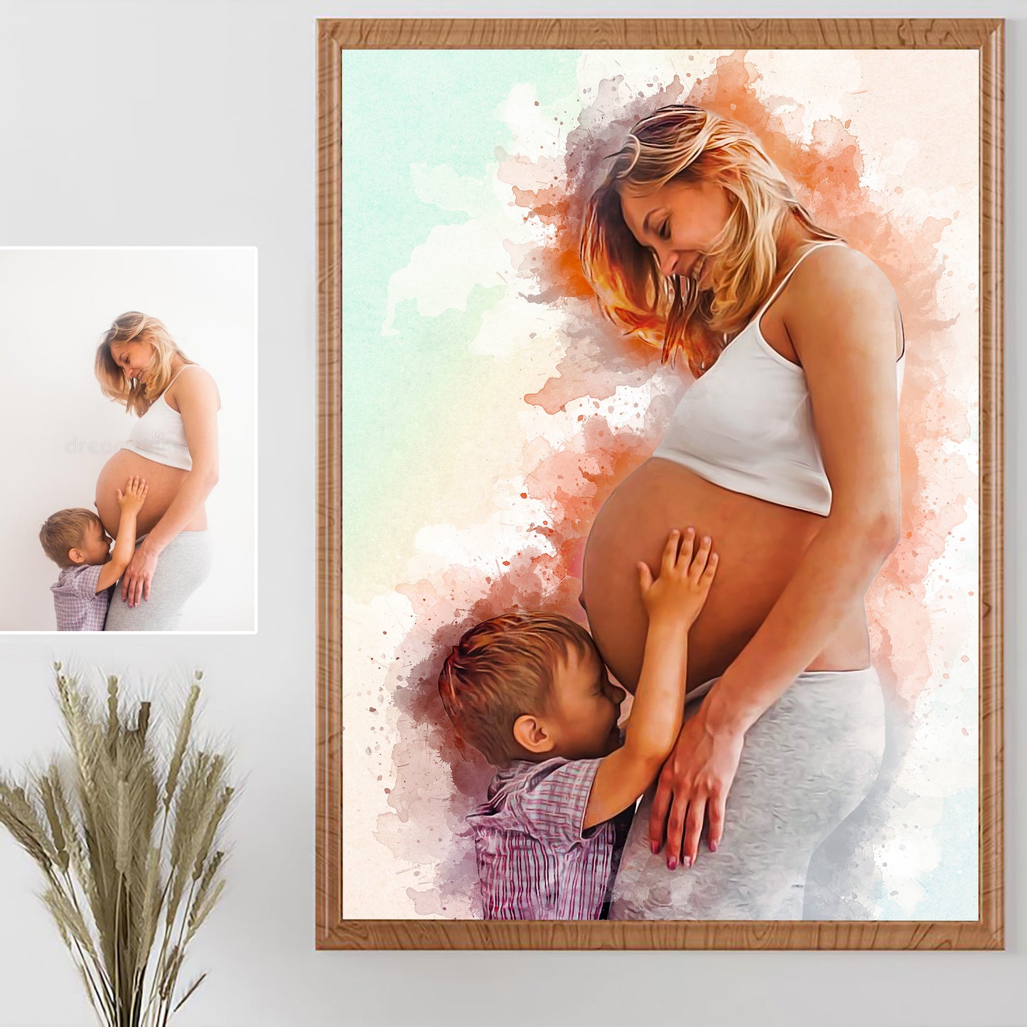 Custom Watercolor Photo for Mother, Pregnancy Portrait, Pregnant Mom Gift, Baby Shower Wall Art